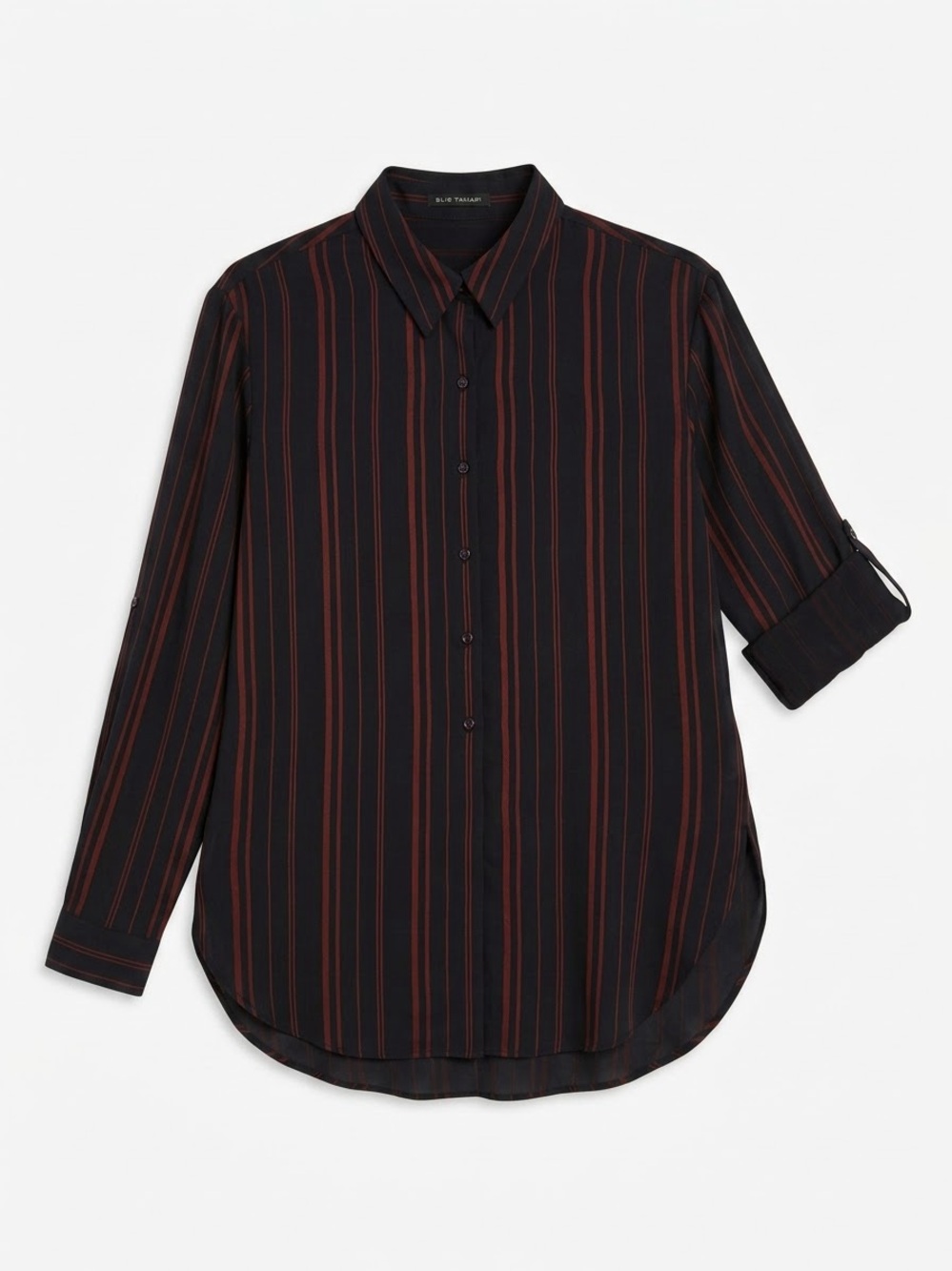 Must See Roll Up Sleeves Black Button-Down Shirt with Silky Burgundy Stripes